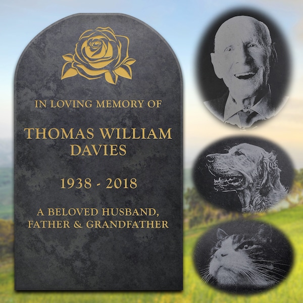 Personalised Gravestone Memorial, Human & Pet, Large, 45 x 27cm, Add a Laser-Etched Photo, Choice of Font, Colour, Motif