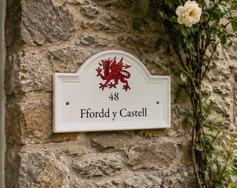 Personalised Ceramic House Sign | Choice of Kiln Fired Motif | Custom House Name Plaque | Bee Cat Bird Welsh Dragon | Outdoor House Sign
