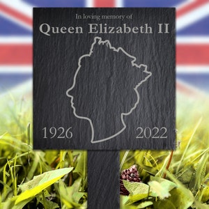 Queen Elizabeth II Commemorative Slate Plant Marker, Memorial Remembrance Plaque, 10 x 10cm, Laser-Engraved, Handmade in Wales