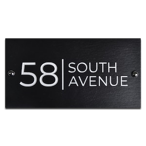 House Sign, Plaque, Made from Riven Slate, 25 x 11cm, Sandblasted with White Infill, Personalised with Your House Name, Number, Address