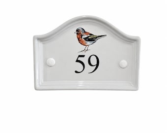 Personalised Ceramic House Number Sign with Bird Design | Engraved & Hand Painted | Bridge or Oval Shape | Outdoor Plaque | 16.5 x 11cm