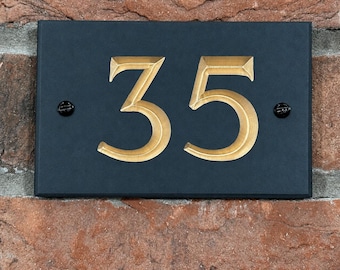 Personalised Slate House Number Sign | Hand Painted Gold Numbers | Black Slate Address Plaque | Custom Door Number Sign | 14cm x 9cm