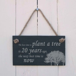 Cartel colgante 'El mejor momento para plantar un árbol fue hace 20 años, el próximo mejor momento es ahora'
