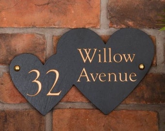 Personalised Slate House Sign with Double Heart Design – Custom Name Plaque – Outdoor Wall Sign