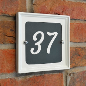 Ceramic House Number, Square 17 x 17cm, White, Engraved with Anthracite Grey Background, 3 Fonts
