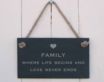 Hanging Sign 'FAMILY Where Life Begins and Love Never Ends' Handmade Gift