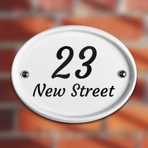 White Engraved Ceramic Oval House Sign, House Number, Landscape, 19 x 15cm