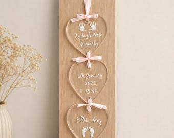 Personalised Baby Birth Keepsake | 3 Engraved Acrylic Hearts | New Baby Gift | Birth Stats Plaque | Baby Nursery Decor