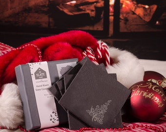 Pack of 4 Slate Coasters with a Christmas Tree Motif (SR442)