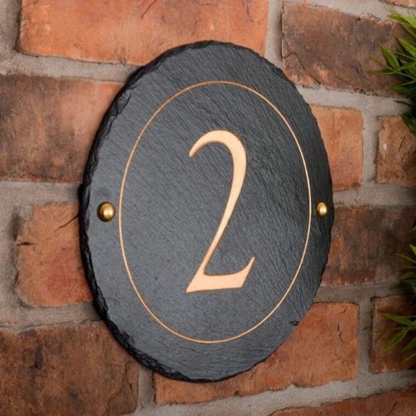 Round Rustic Slate House Number personalised with your number 24cm