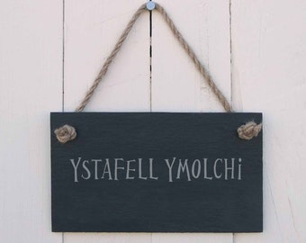 Welsh Language Slate Hanging Sign 'Ystafell Ymolchi' ('Bathroom') Handmade Gift