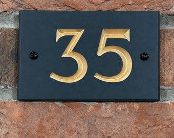 Deep V-Carved Slate House Number Sign | Hand Painted Gold, UK Handmade
