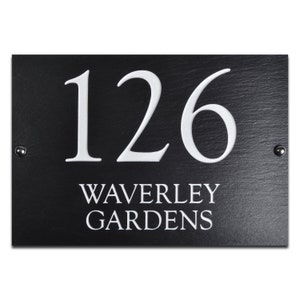 House Sign, Plaque, Made from Riven Slate, 30 x 20.5cm, Sandblasted with White Infill, Personalised with Your House Name, Number, Address