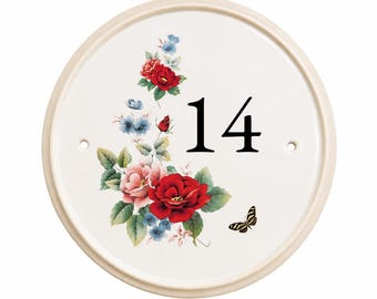 Personalised Ceramic House Number Plaque | Floral Door Number Sign | White Plaque with Rustic Cream Rim | 24.5cm Outdoor Sign