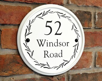 Ceramic House Sign, Circle 24cm, White, Engraved, 3 Designs/Fonts