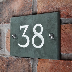 Green Slate House Number, Handcrafted Engraved Sign/Plaque, Numbers 1-999, 14 x 10cm/18 x 10cm, Personalised & Hand-painted