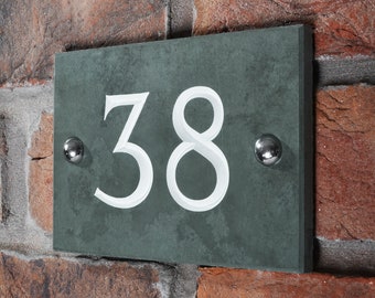 Green Slate House Number, Handcrafted Engraved Sign/Plaque, Numbers 1-999, 14 x 10cm/18 x 10cm, Personalised & Hand-painted