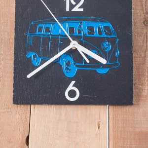 Retro slate clock with blue camper van and white sandblasted numbers