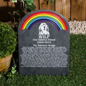 Personalised Pet Memorial, Slate Gravestone, Rainbow Bridge Design, Personalised With Your Photo, 45cm x 27cm