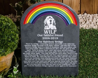 Personalised Pet Memorial, Slate Gravestone, Rainbow Bridge Design, Personalised With Your Photo, 45cm x 27cm