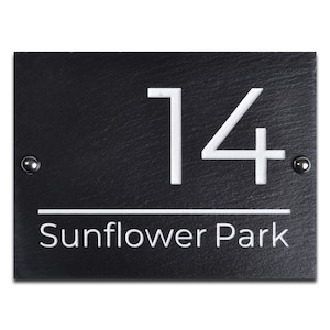 House Sign, Plaque, Made from Riven Slate, 20 x 15cm, Sandblasted with White Infill, Personalised with Your House Name, Number, Address