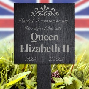 Queen Elizabeth II Commemorative Slate Plant Marker, Memorial Remembrance Plaque, 10 x 10cm, Laser-Engraved, Handmade in Wales