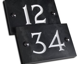 Slate House Number, V-Carve Engraved with White Hand-Painted Infill, 1 or 2 Digits, Numbers 1-99