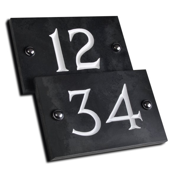 Numéro de maison en ardoise, gravure en V, remplissage blanc peint à la main, 1 ou 2 chiffres, chiffres 1-99