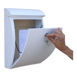 May include: White metal mailbox with a keyhole and a key in the lock. The door is open and a piece of paper is visible inside.