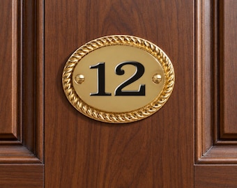 Small Oval Brass Door Number 1-50 - Engraved with Black Infill, 8 x 6 cm, Fixings Included