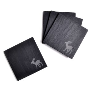 4 Christmas Coasters, 10cm Square, Made from Riven Slate, Laser Etched with Reindeer Design, in Gift Box