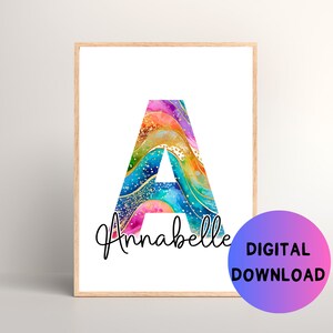 Personalised Nursery Wall Art with Colourful Initial and Name Print, Wall Art for Nursery, Modern Nursery Decor, Printable Nursery Art
