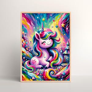 Arte de pared de unicornio mágico para dormitorio infantil, arte de pared para guardería de niña, arte de pared para habitación de niña, impresión de pared de unicornio, sin marco