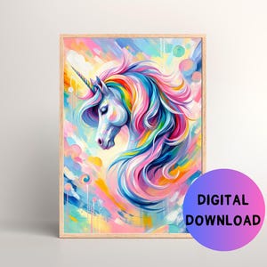 Printable Rainbow Unicorn Wall Art for Children&#39;s Bedroom, Printable Nursery Wall Art for Girl Nursery, Wall Art for Girl&#39;s Room