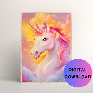 Printable Bright Unicorn Wall Art for Children&#39;s Bedroom, Printable Nursery Wall Art for Girl Nursery, Wall Art for Girl&#39;s Room