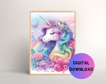 Puede incluir: Una ilustración digital de un unicornio blanco con una melena y cola arcoíris. El unicornio tiene los ojos cerrados y está rodeado de flores y un arcoíris.
