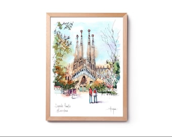 Sagrada Família Passió Watercolor Illustration, Façana de la Passió, Antoni Gaudí, Barcelona watercartolour print, Gaudí Barcelona