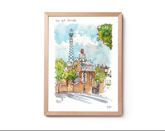 Park Güell Pavelló / Antoni Gaudí / drawing Barcelona PRINT