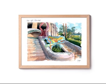 Park Güell Drac Illustration, Gaudí watercolor, Park Guell painting, Barcelona art, Barcelona decoration, Antoni Gaudí, Dragon Park Guell
