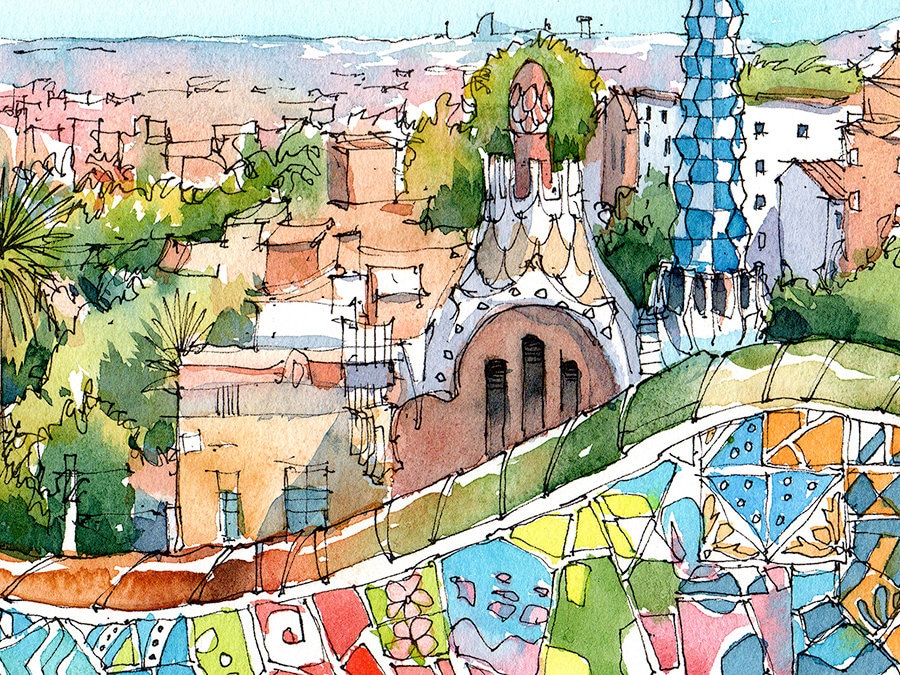 グエル公園 トレンカディスの水彩イラスト、グエル公園