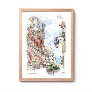 Palau de la Música Catalana Edifici illustratie, Lluís Domènech i Montaner aquarel, schilderij, Barcelona kunst, Barcelona huisdecoratie