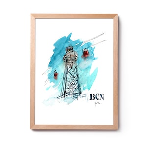 Havenkabelbaan Barcelona Illustratie, Telefèric del Port de Barcelona aquarel, Kabelbaan schilderij, Barcelona kabelbaan kunst, Palms BCN