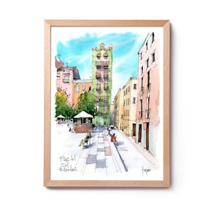 Plaça del Sol Gracia illustration, Gracia watercolor, Gracia Barcelona painting, Plaça del sol Barcelona art, house decoration