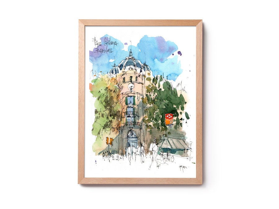 Plaza Catalunya Watercolor, Les Rambles illustration, Barcelona watercolor, wall art, home decor, original and prints