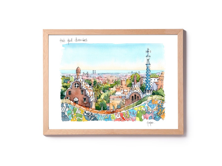 原画#3747 グエル公園　バルセロナ　スペイン　水彩画　ドローイング　風景画 スペイン バルセロナ ガウディ作 グエル公園 透明水彩原画 絵画