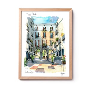 Plaça Reial Pòrtics Illustratie, Gotische wijk aquarel, Barri Gòtic Barcelona schilderij, Barcelona kunst, Barcelona decoratie, Barcelona