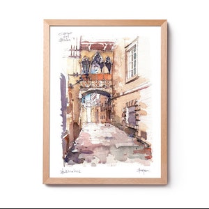 Carrer del Bisbe Illustratie, Gotische wijk aquarel, Barcelona schilderij, Barcelona kunst, Barcelona decoratie, Barcelona Oude Stad