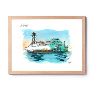 Ferry Barcelona Illustration, Boat Barcelona watercolor, Balearia painting, Barcelona art, home decoration, Boat art, Boat painting, Port