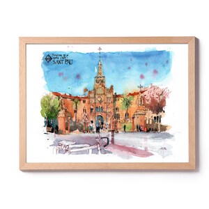 Hospital de Sant Pau Fiets Illustratie, Hospital de Sant Pau aquarel, Barcelona schilderij, Barcelona kunst, Barcelona huis decoratie