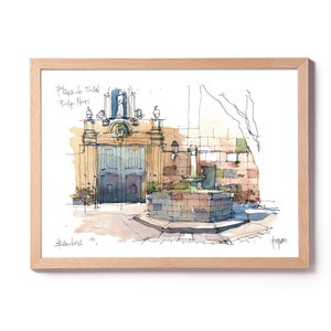 Sant Felip Neri Illustration, Plaça Sant Felip Neri watercolor, Gothic Barcelona painting, Barcelona art, Barcelona house decoration, square